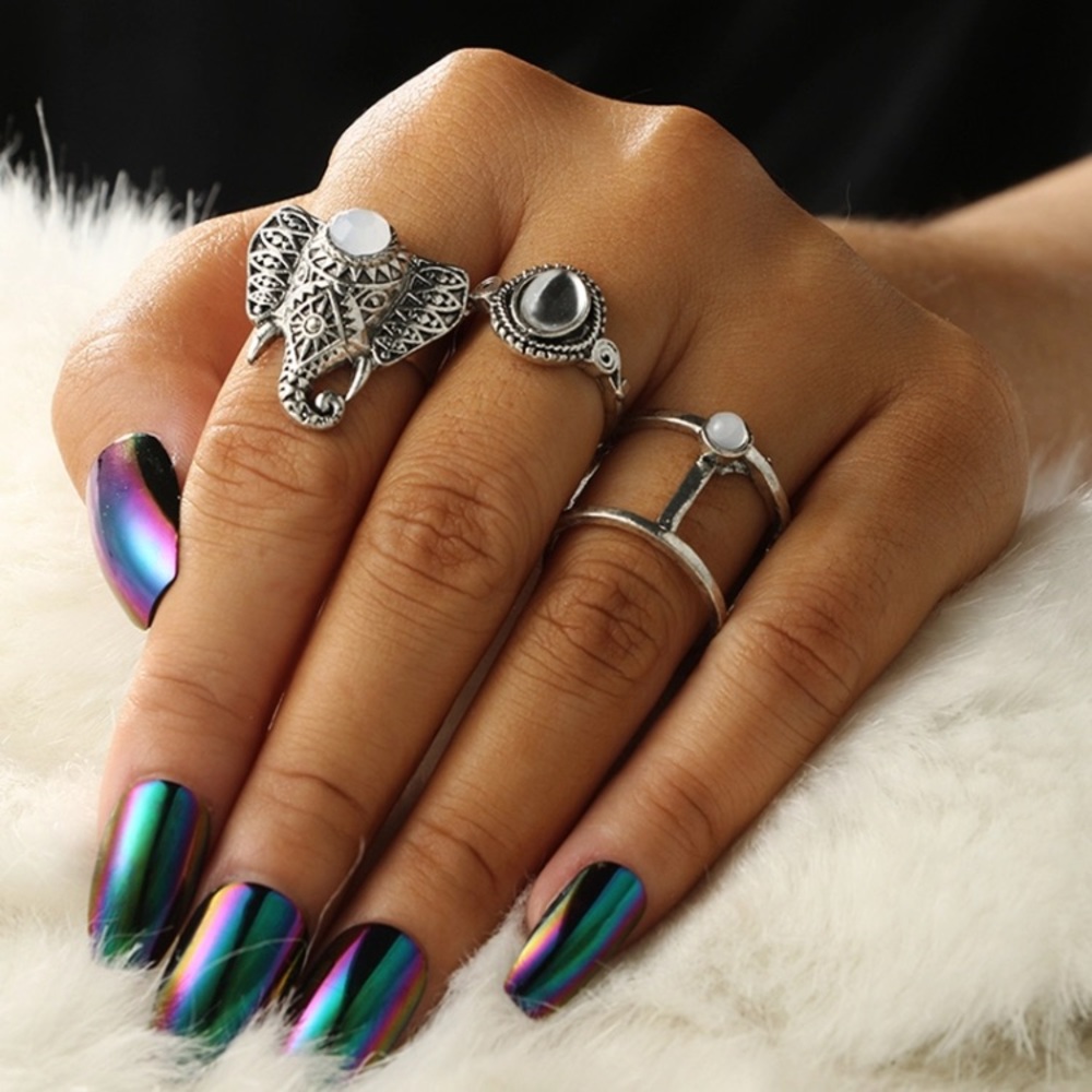 🛍 3pc Elephant Tribal Boho Silver Midi Rings Set - Picture 2 of 8